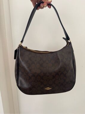 Coach Dark Brown Signature Canvas Shoulder Bag with Black Strap